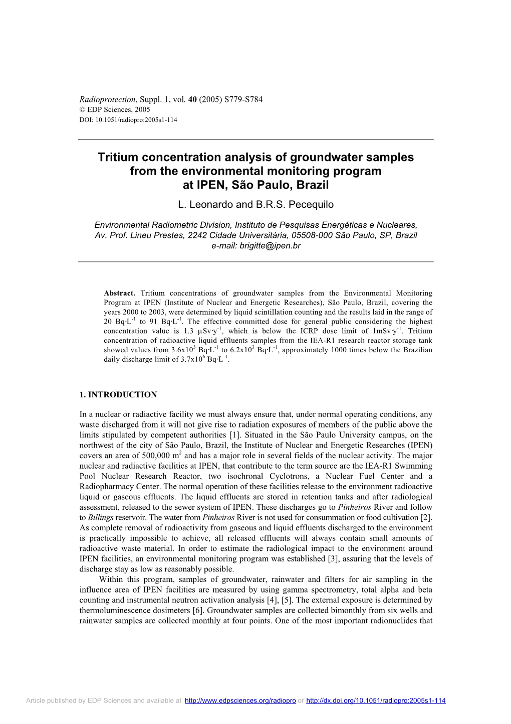 Tritium Concentration Analysis of Groundwater Samples from the Environmental Monitoring Program at IPEN, São Paulo, Brazil L