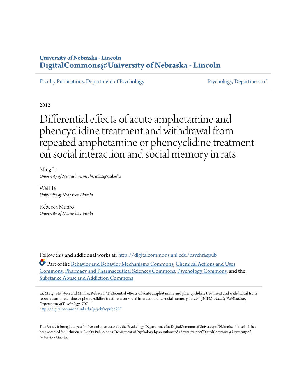 Differential Effects of Acute Amphetamine and Phencyclidine Treatment and Withdrawal from Repeated Amphetamine Or Phencyclidine