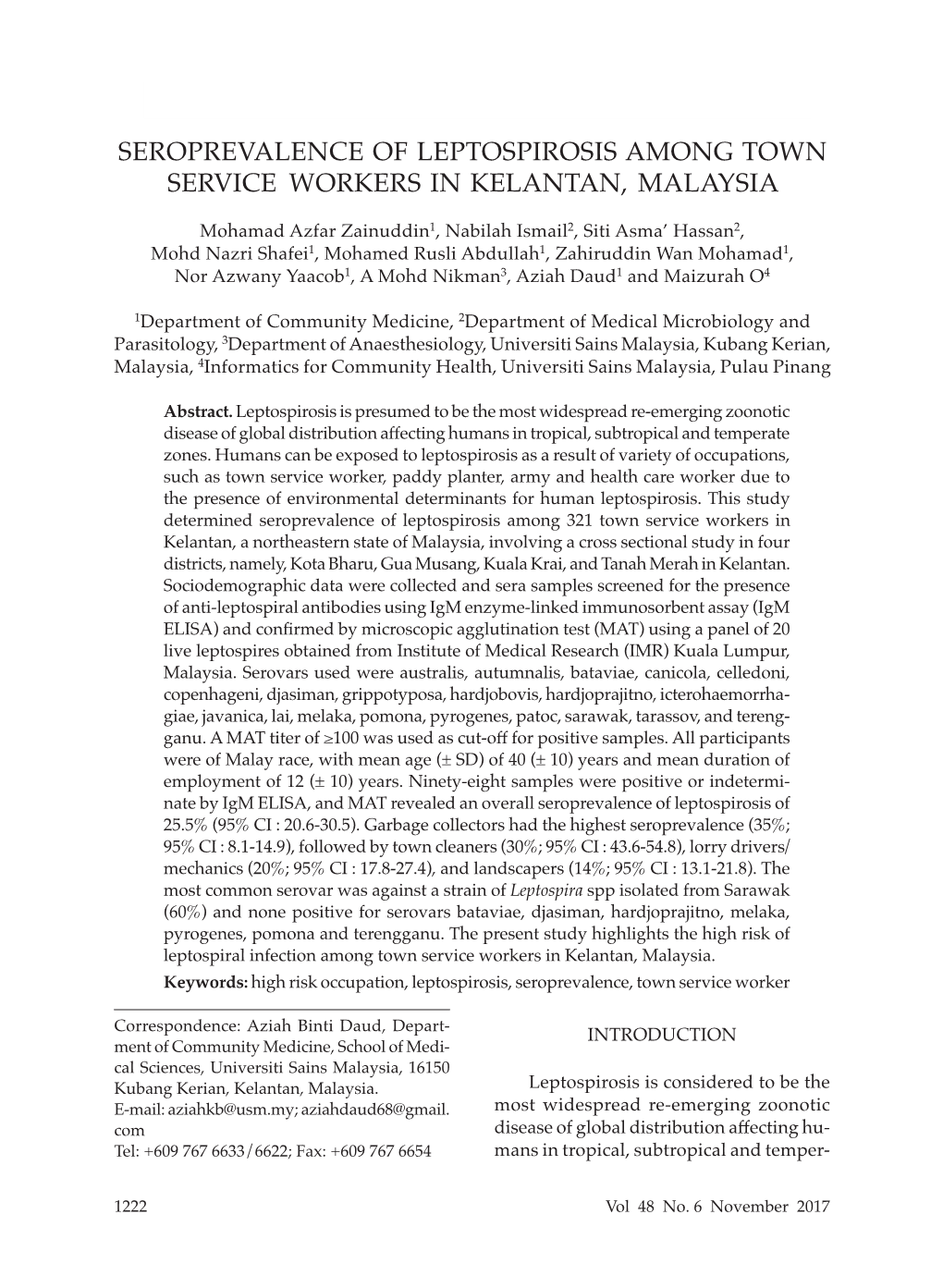 Seroprevalence of Leptospirosis Among Town Service Workers in Kelantan, Malaysia