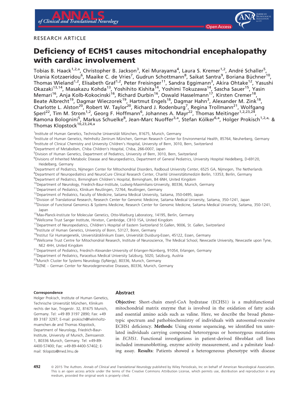 Deficiency of ECHS1 Causes Mitochondrial Encephalopathy With