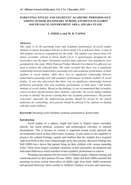 Parenting Styles and Students' Academic Performance Among Junior Secondary School Students in Ilorin South Local Government Area, Kwara State