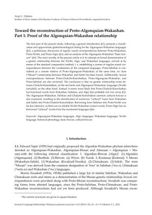 Toward the Reconstruction of Proto-Algonquian-Wakashan. Part 1: Proof of the Algonquian-Wakashan Relationship