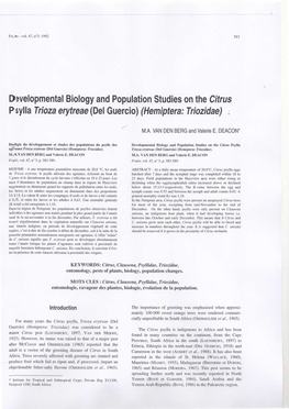 Developmental Biology and Population Studies on the Citrus Psylla Trioza Erytreae (Del Guercio) (Hemiptera : Triozidae)