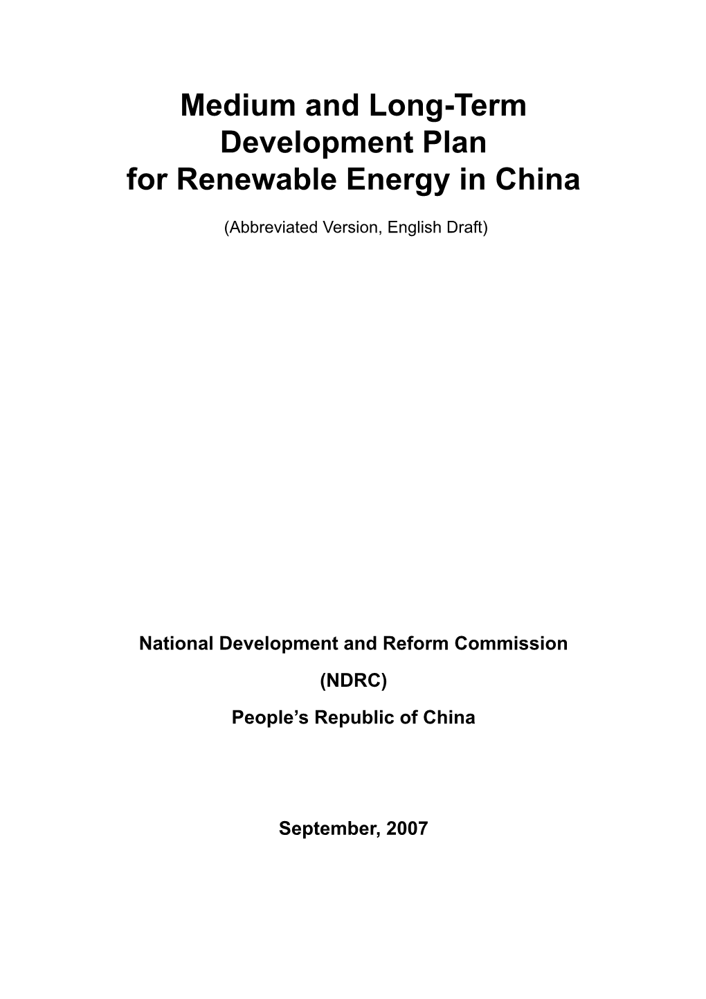 Medium and Long-Term Development Plan for Renewable Energy in China