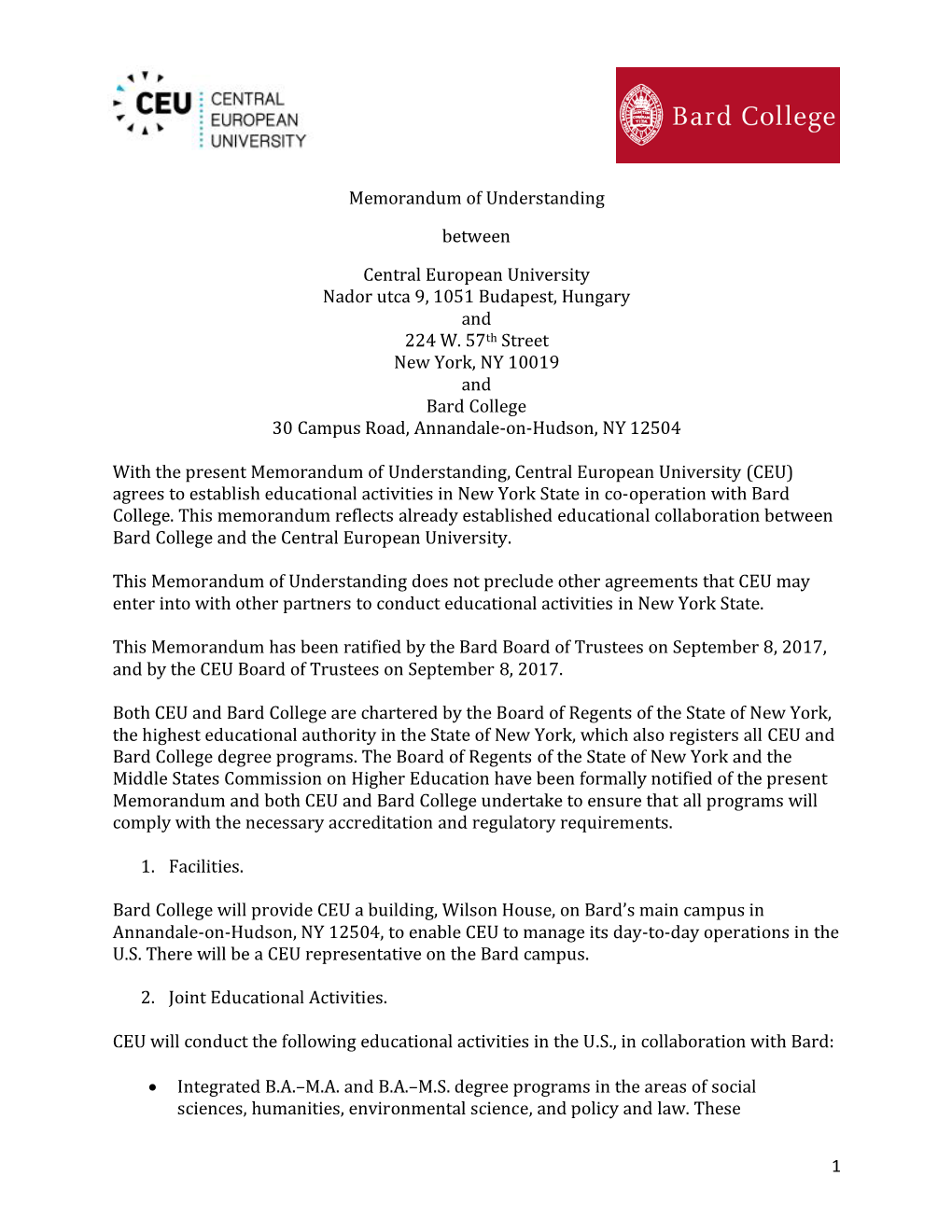 CEU-Bard College Agreement