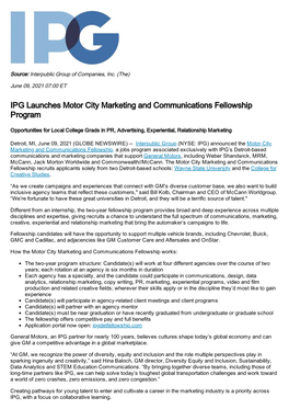 IPG Launches Motor City Marketing and Communications Fellowship Program