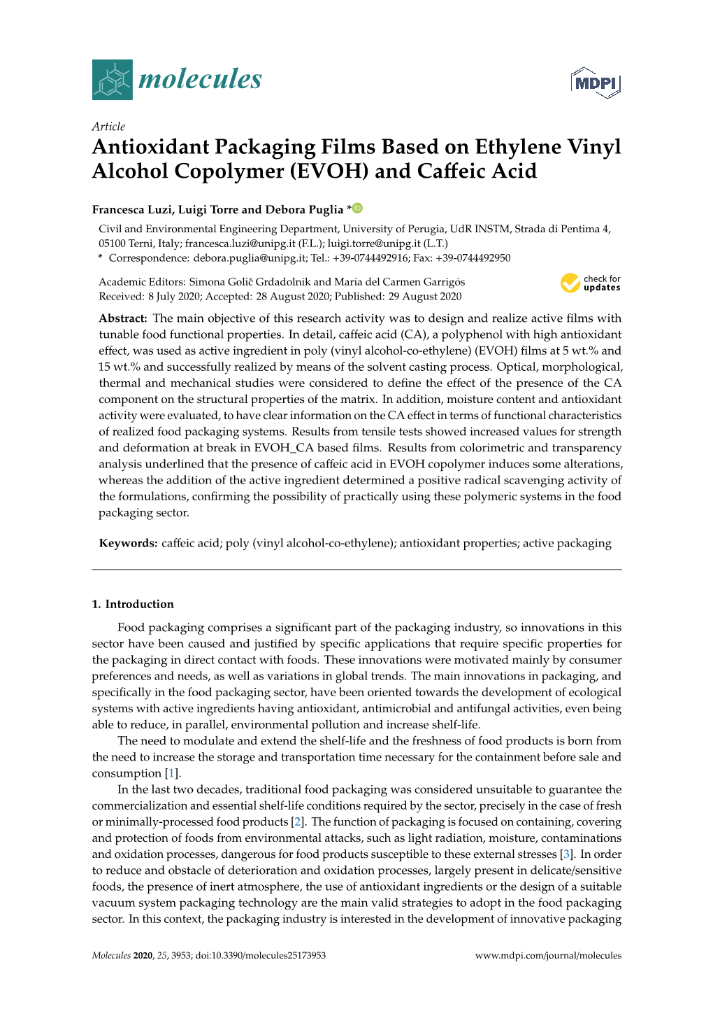 Antioxidant Packaging Films Based on Ethylene Vinyl Alcohol Copolymer (EVOH) and Caﬀeic Acid