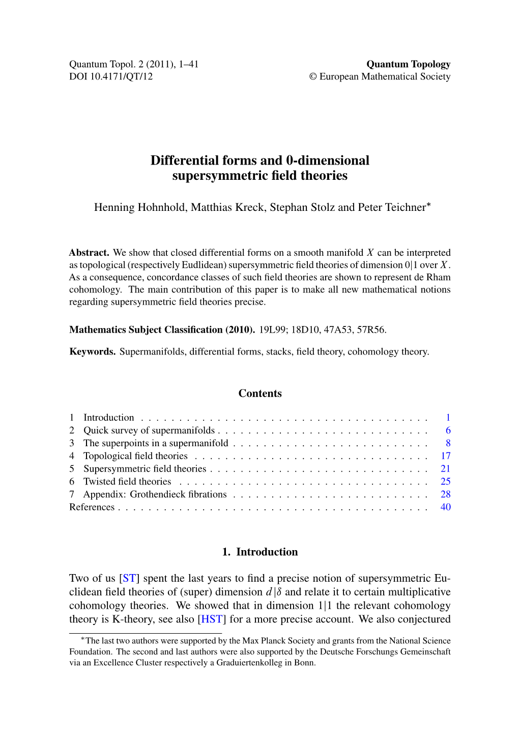 Differential Forms and 0-Dimensional Supersymmetric Field Theories