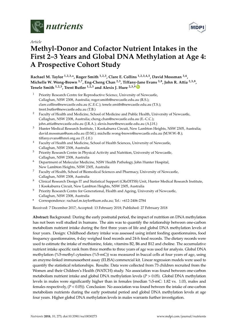 Methyl-Donor and Cofactor Nutrient Intakes in the First 2–3 Years and Global DNA Methylation at Age 4: a Prospective Cohort Study