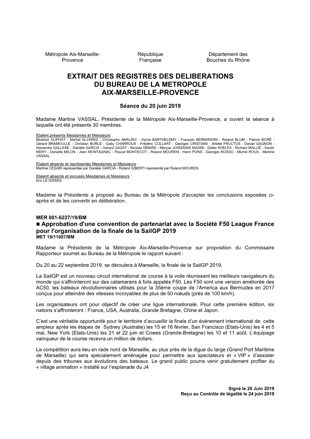 Approbation D'une Convention De Partenariat Avec La Société F50 League France Pour L'organisation De La Finale De La Sailgp 2019 MET 19/11007/BM