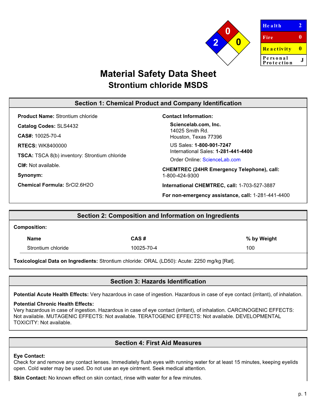Material Safety Data Sheet Strontium Chloride MSDS