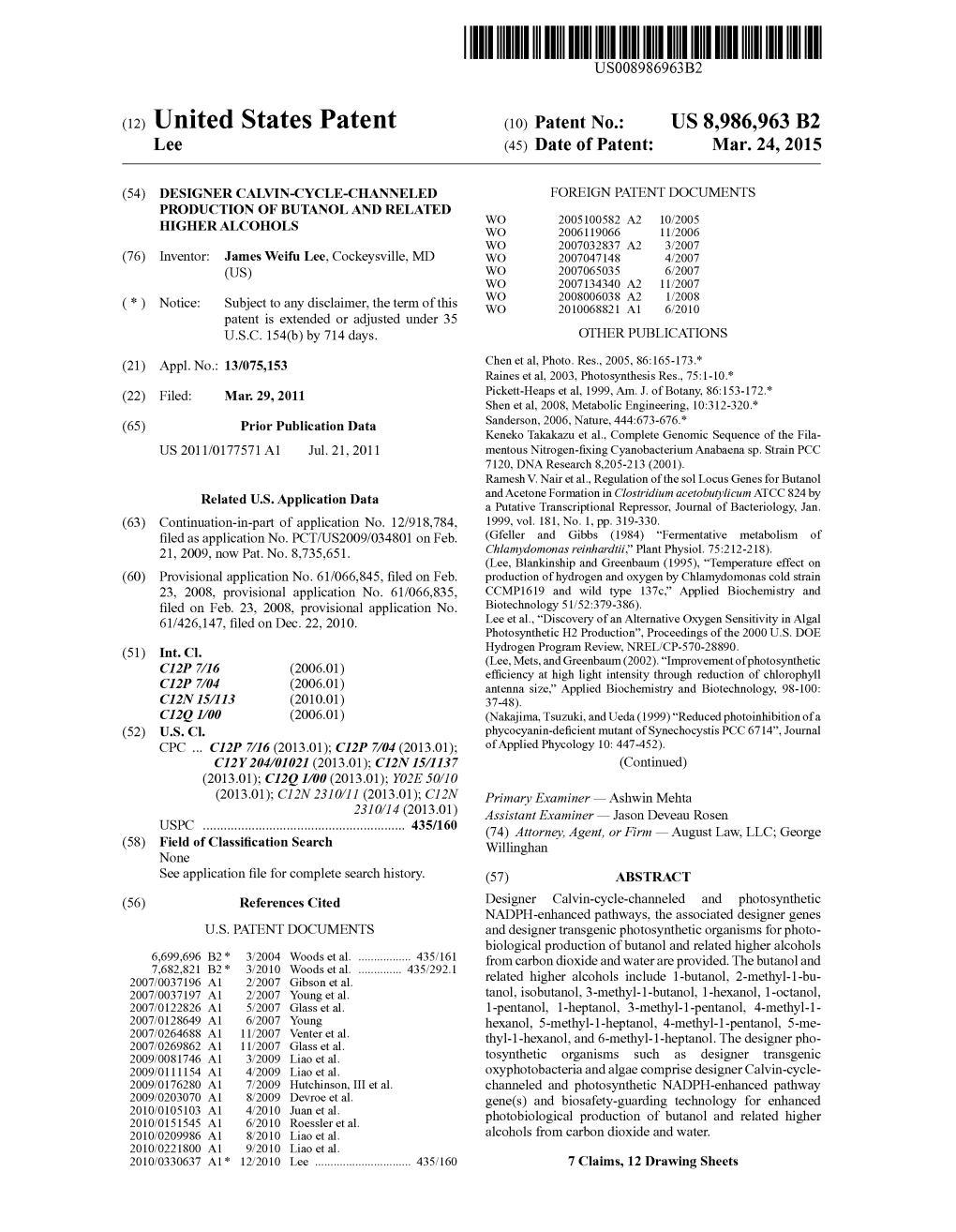 (12) United States Patent (10) Patent No.: US 8,986,963 B2 Lee (45) Date of Patent: Mar