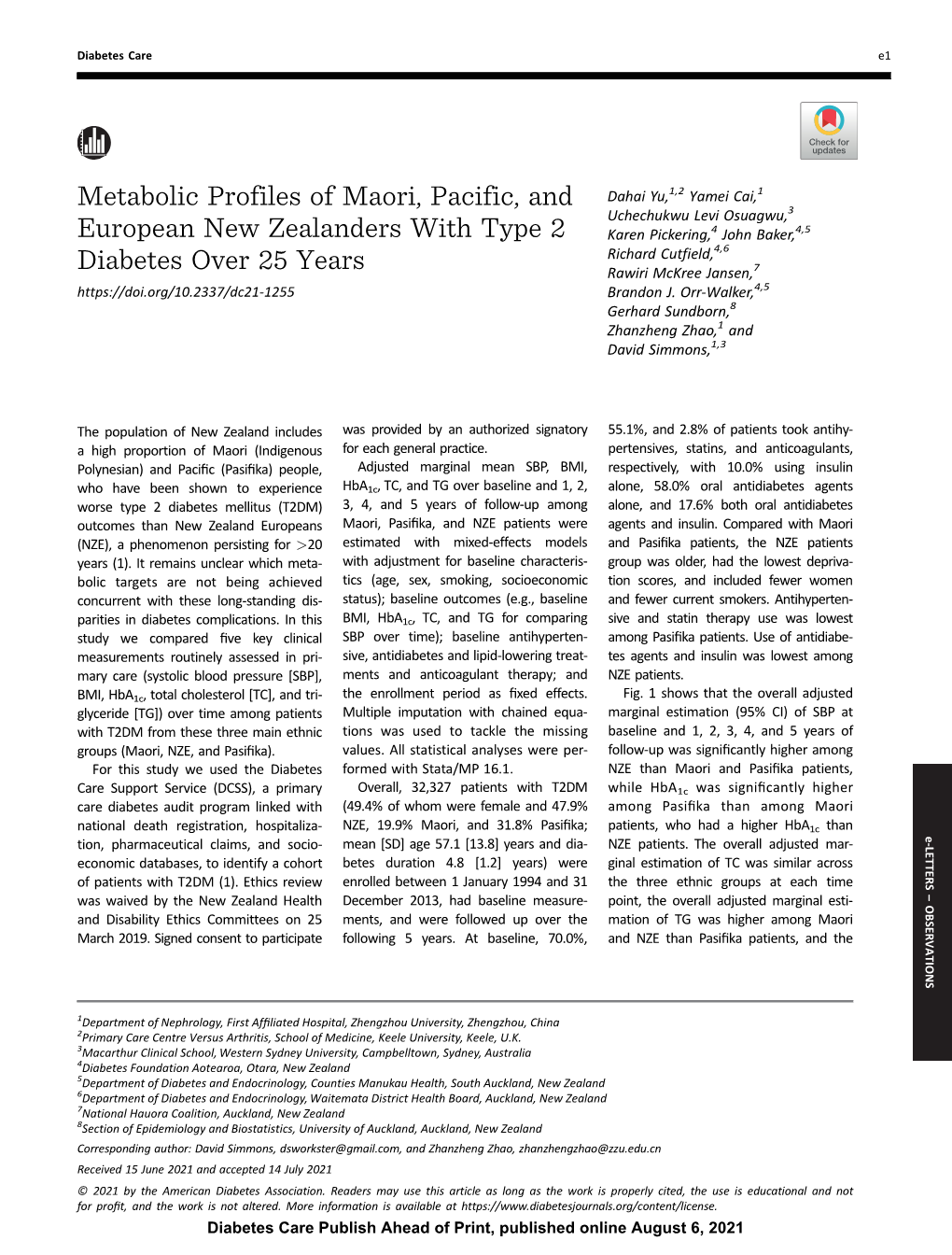 Metabolic Profiles of Maori, Pacific, and European New Zealanders