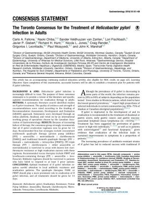The Toronto Consensus for the Treatment of Helicobacter Pylori Infection in Adults Carlo A