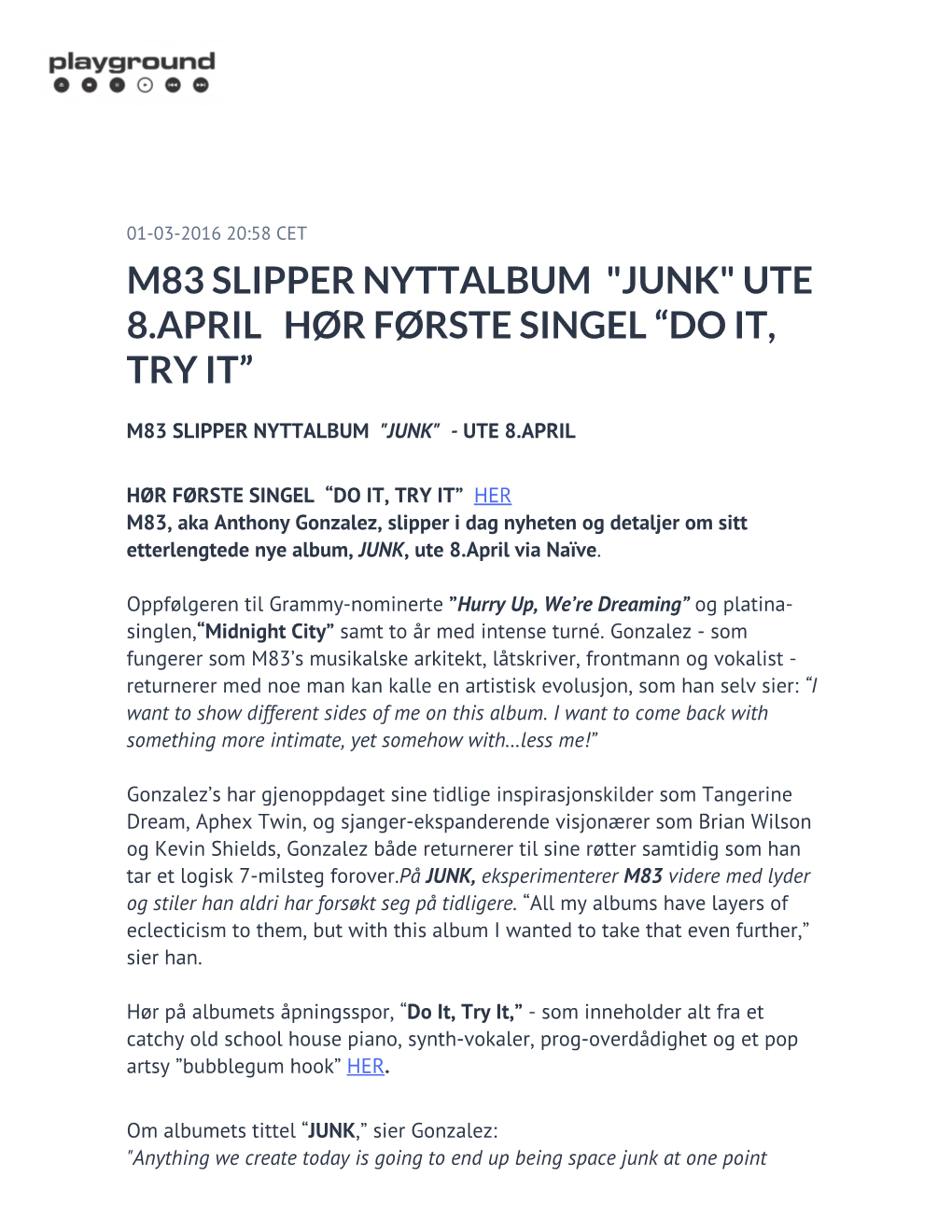 M83 Slipper Nyttalbum "Junk" Ute 8.April Hør Første Singel “Do It, Try It”