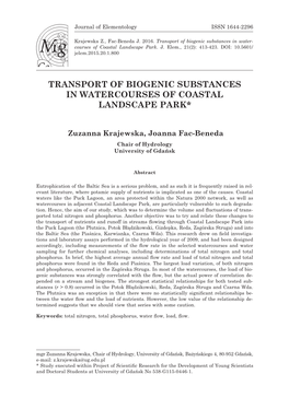 Transport of Biogenic Substances in Water- Courses of Coastal Landscape Park