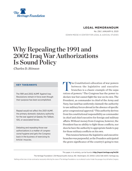 Why Repealing the 1991 and 2002 Iraq War Authorizations Is Sound Policy Charles D