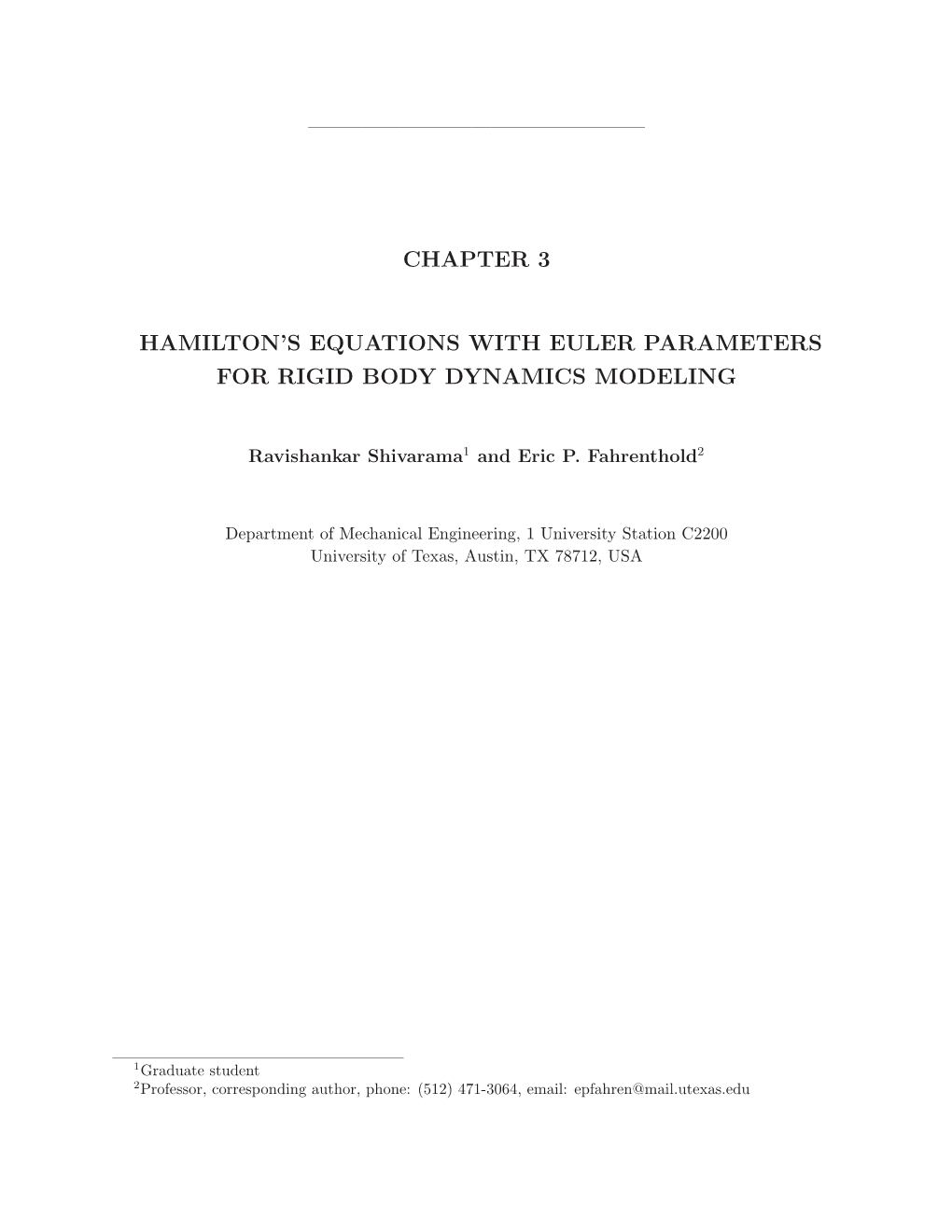 Chapter 3 Hamilton's Equations with Euler Parameters for Rigid Body