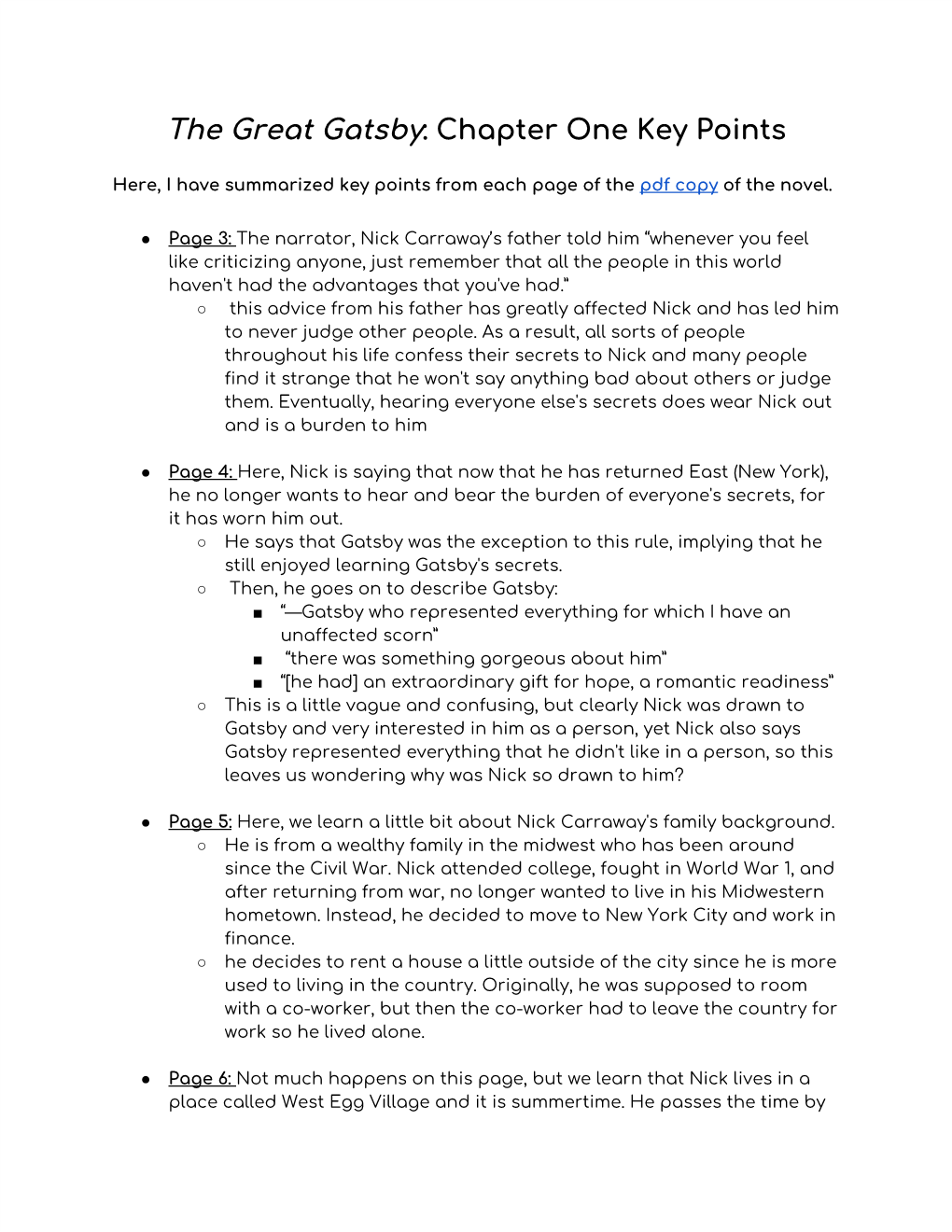 The Great Gatsby​: Chapter One Key Points