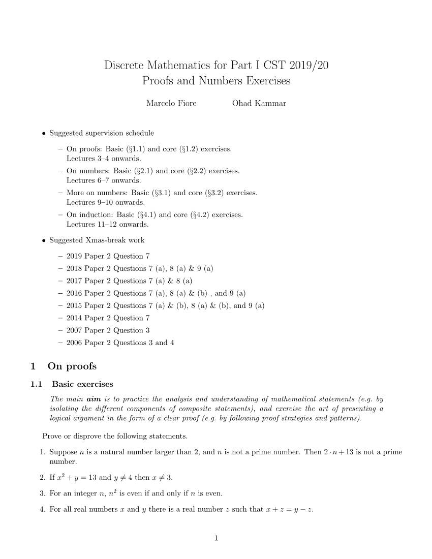 Discrete Mathematics for Part I CST 2019/20 Proofs and Numbers Exercises
