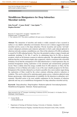 Metalliferous Biosignatures for Deep Subsurface Microbial Activity