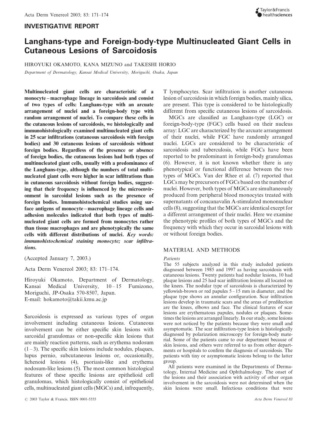 Langhans-Type and Foreign-Body-Type Multinucleated Giant Cells in Cutaneous Lesions of Sarcoidosis