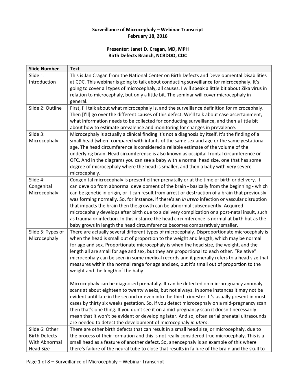 Surveillance of Microcephaly Webinar Transcript