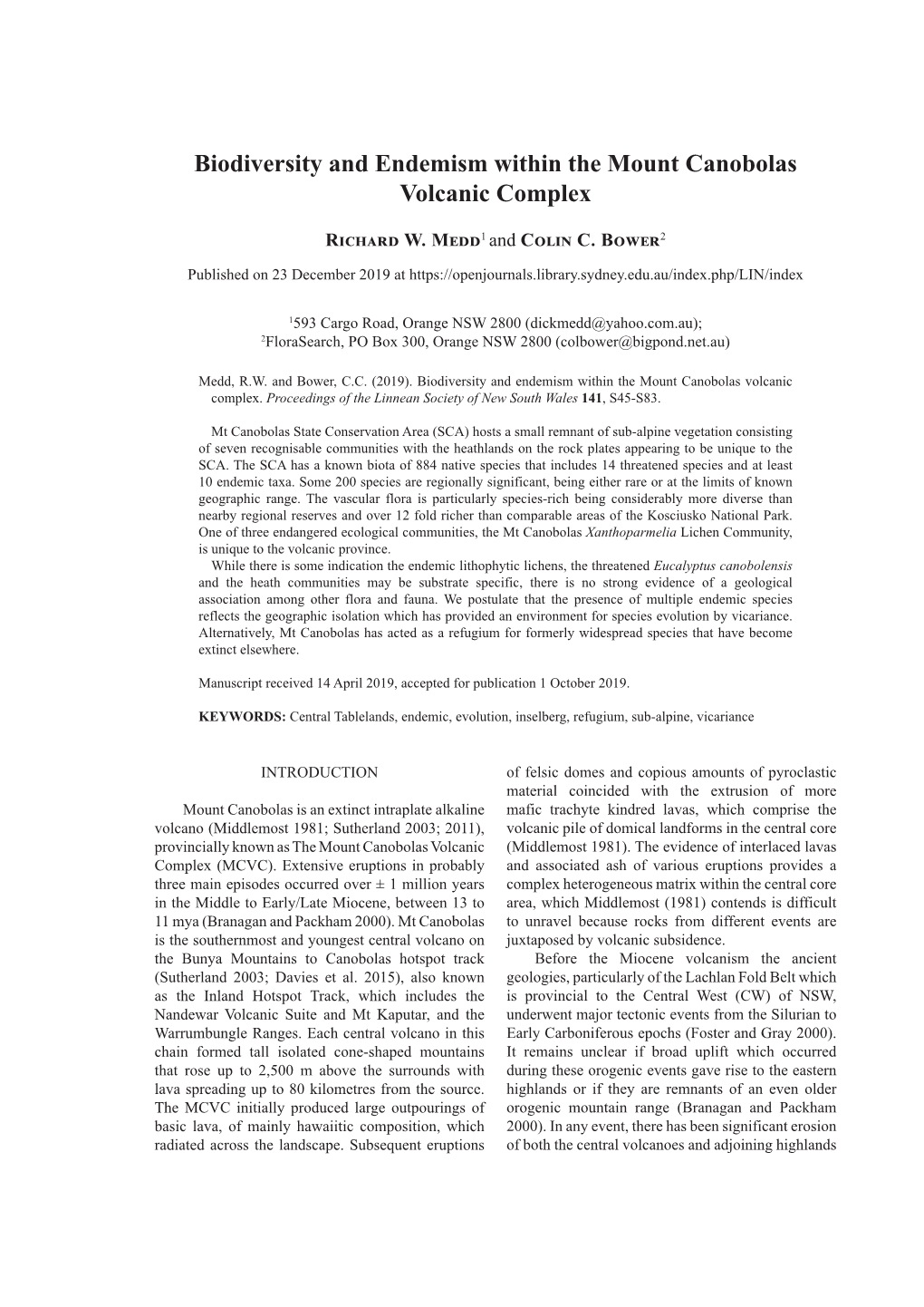 Biodiversity and Endemism Within the Mount Canobolas Volcanic Complex