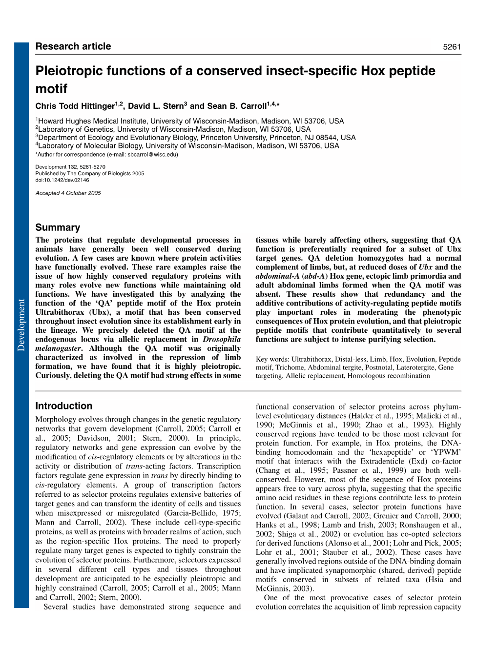 Pleiotropic Functions of a Conserved Insect-Specific Hox Peptide Motif