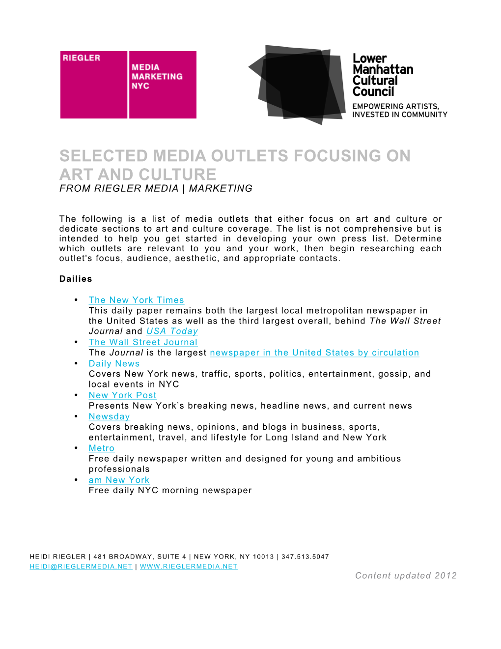 Selected Media Outlets Focusing on Art and Culture from Riegler Media | Marketing