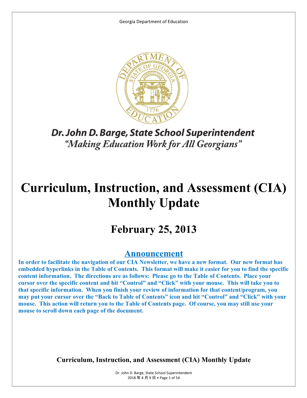 Curriculum, Instruction, and Assessment (CIA) Monthly Update
