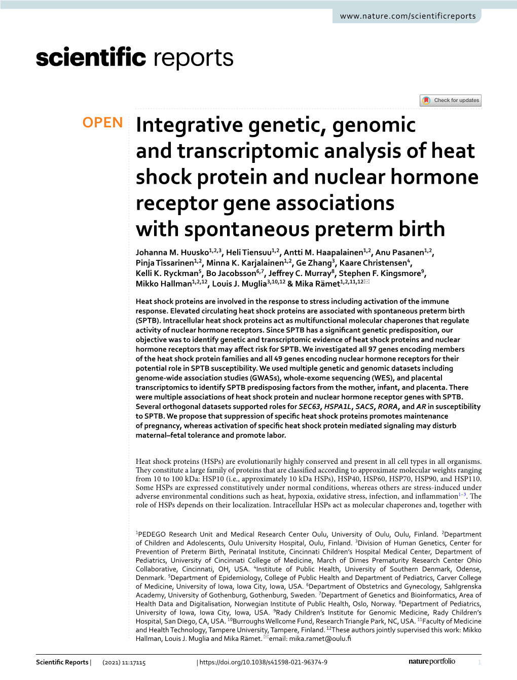 Integrative Genetic, Genomic and Transcriptomic Analysis of Heat Shock Protein and Nuclear Hormone Receptor Gene Associations with Spontaneous Preterm Birth Johanna M