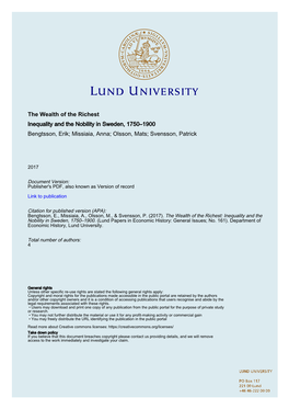 The Wealth of the Richest Inequality and the Nobility in Sweden, 1750–1900 Bengtsson, Erik; Missiaia, Anna; Olsson, Mats; Svensson, Patrick