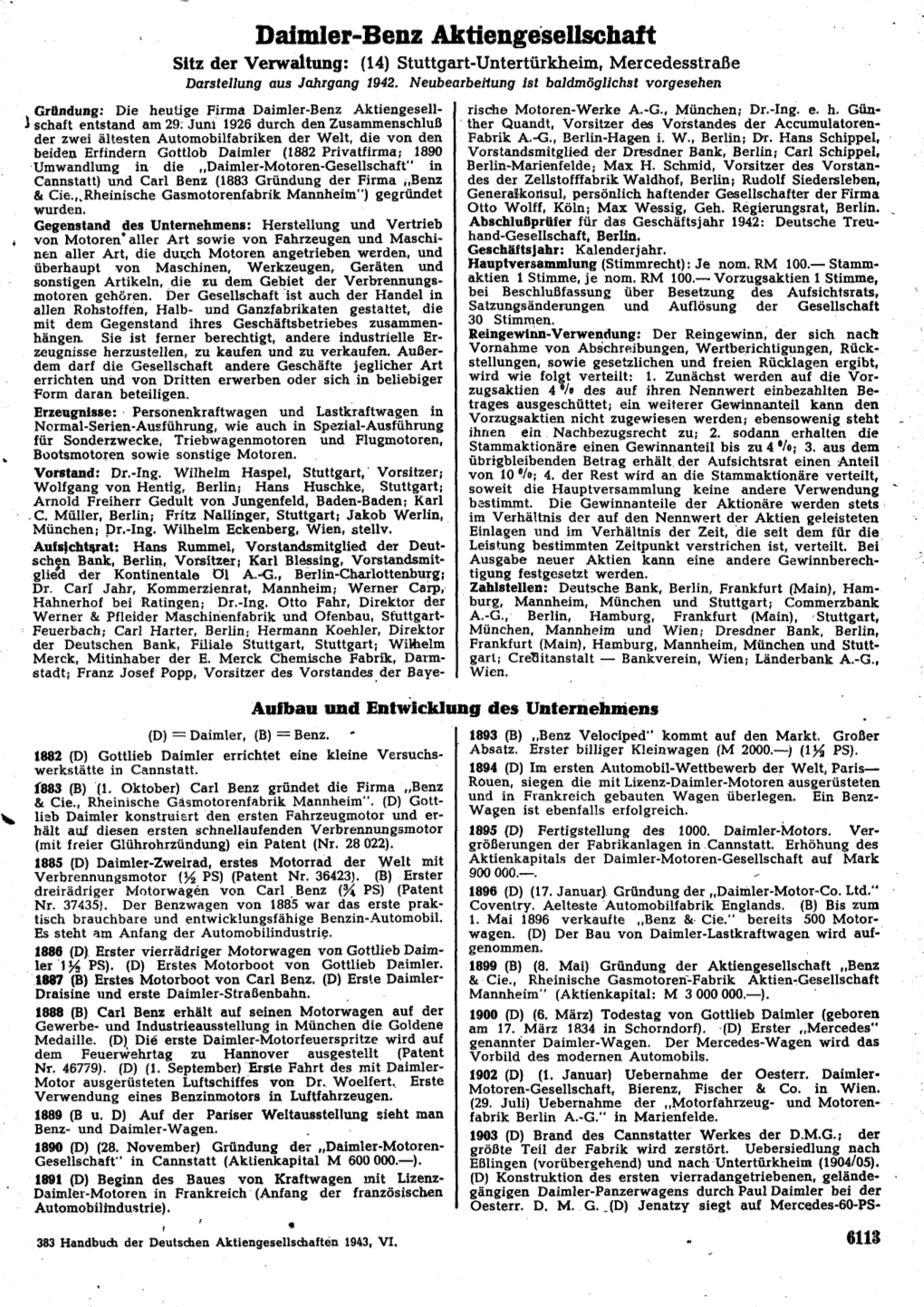 Daimler-Benz Aktiengesellschaft Sitz Der Verwaltung: (14) Stuttgart-Untertürkheim, Mercedesstraße Darstellung Aus Jahrgang 1942
