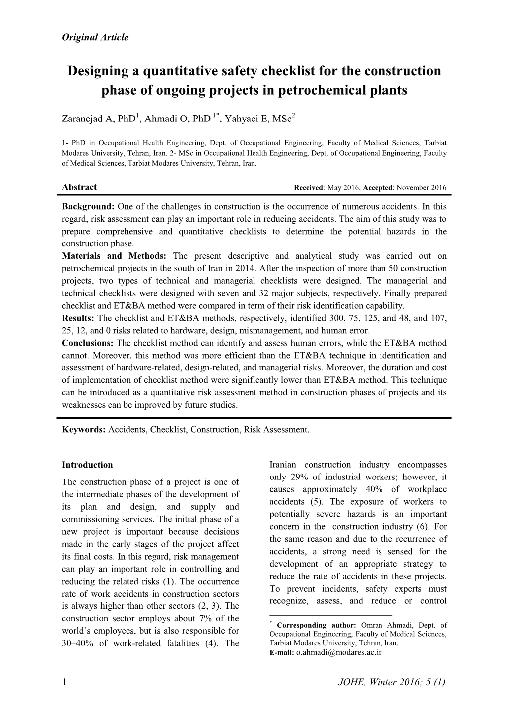 Designing a Quantitative Safety Checklist for the Construction Phase of Ongoing Projects in Petrochemical Plants