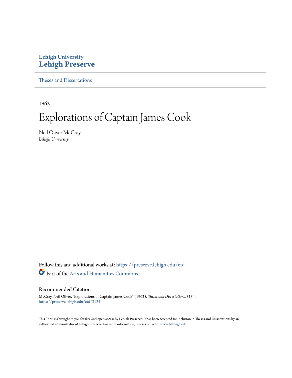 Explorations of Captain James Cook Neil Oliver Mccray Lehigh University