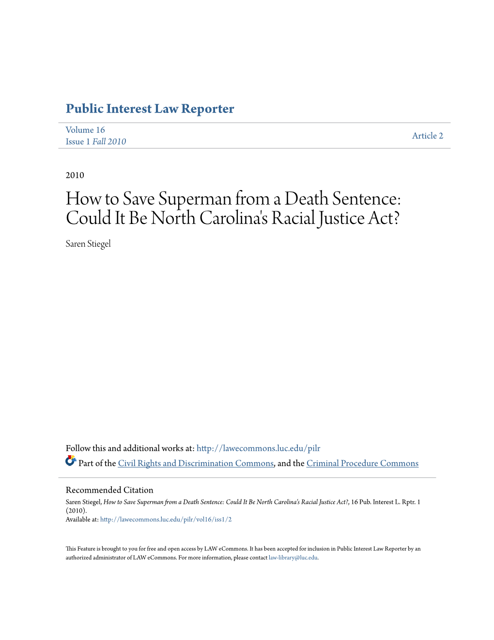 Could It Be North Carolina's Racial Justice Act? Saren Stiegel