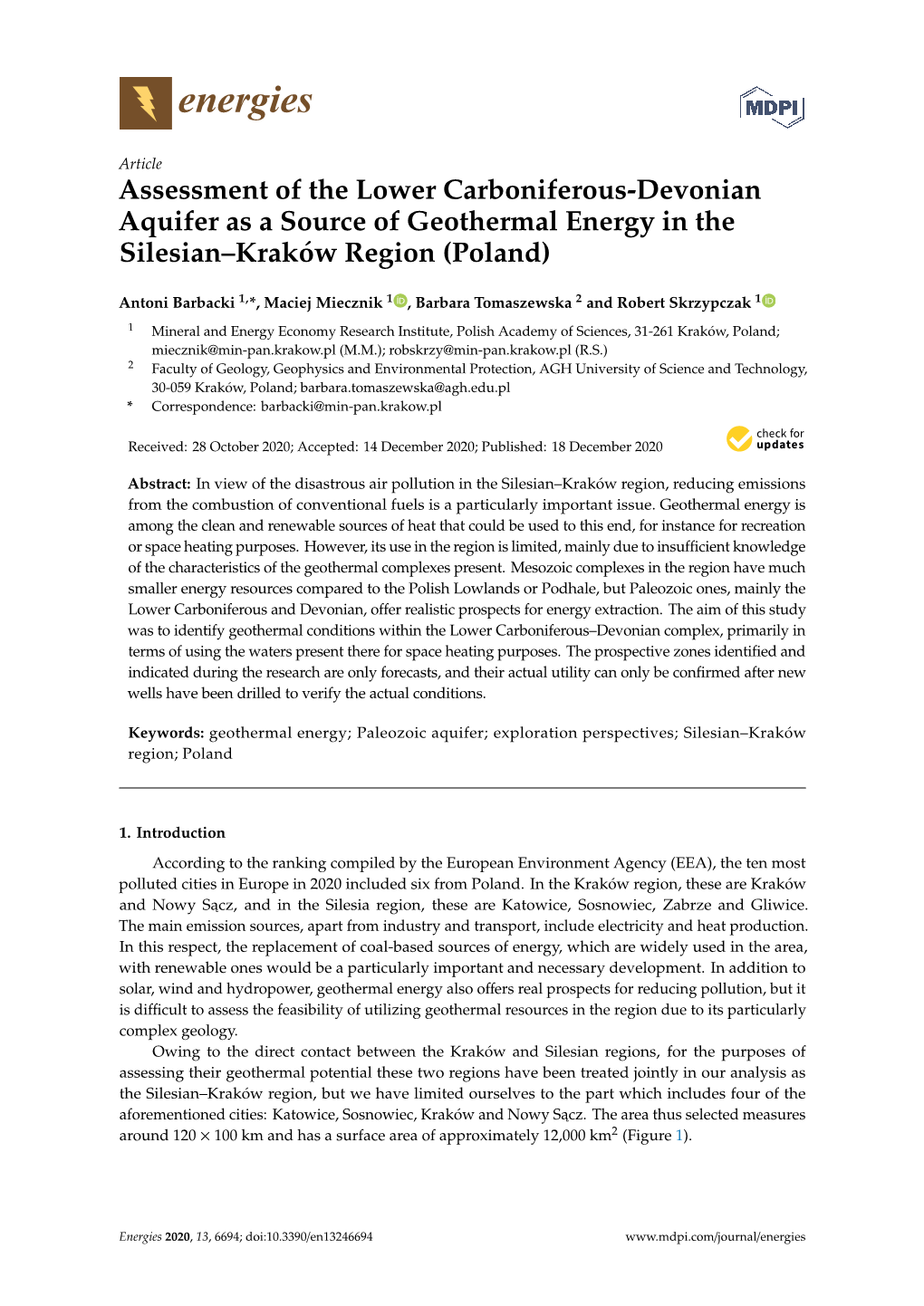 Assessment of the Lower Carboniferous-Devonian Aquifer As a Source of Geothermal Energy in the Silesian–Kraków Region (Poland)