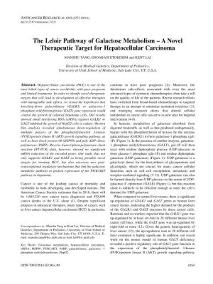 The Leloir Pathway of Galactose Metabolism – a Novel Therapeutic Target for Hepatocellular Carcinoma MANSHU TANG, ENOABASI ETOKIDEM and KENT LAI