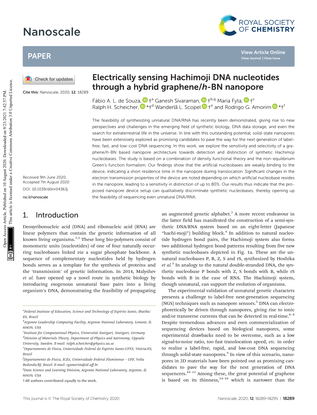 Electrically Sensing Hachimoji DNA Nucleotides Through a Hybrid Graphene/H-BN Nanopore Cite This: Nanoscale, 2020, 12, 18289 Fábio A