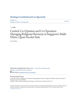 Managing Religious Harmony in Singapore's Multi-Ethnic, Quasi-Secular State, 33 Hastings Const