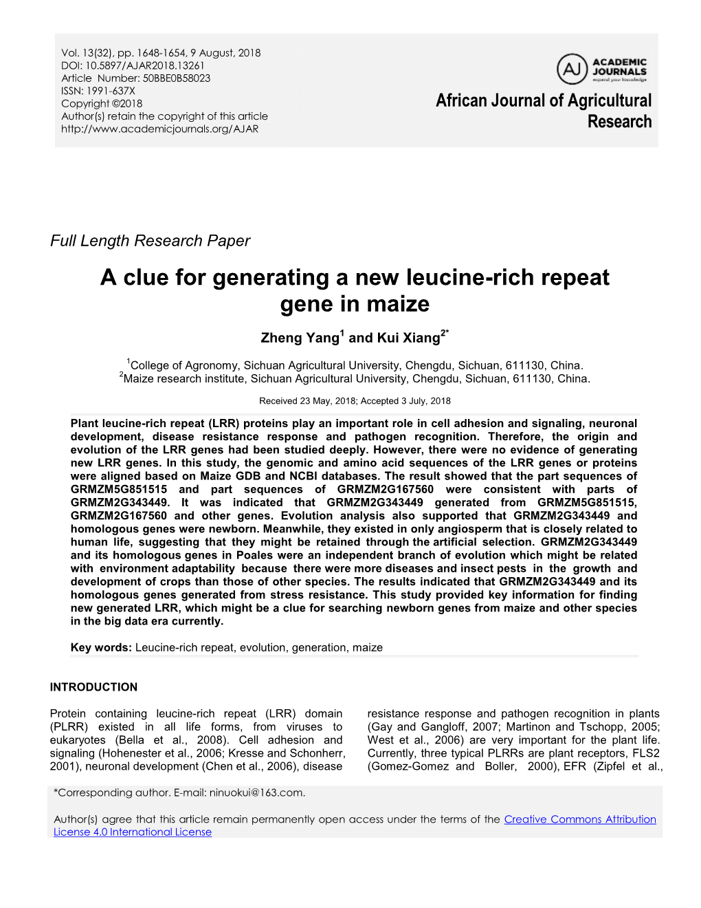 A Clue for Generating a New Leucine-Rich Repeat Gene in Maize