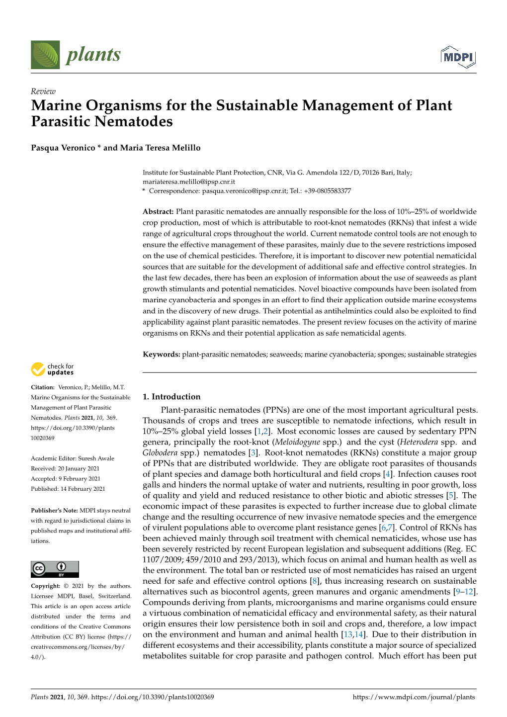 Marine Organisms for the Sustainable Management of Plant Parasitic Nematodes