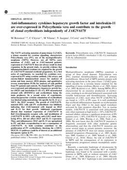 Anti-Inflammatory Cytokines Hepatocyte Growth Factor and Interleukin-11 Are Over-Expressed in Polycythemia Vera and Contribute T
