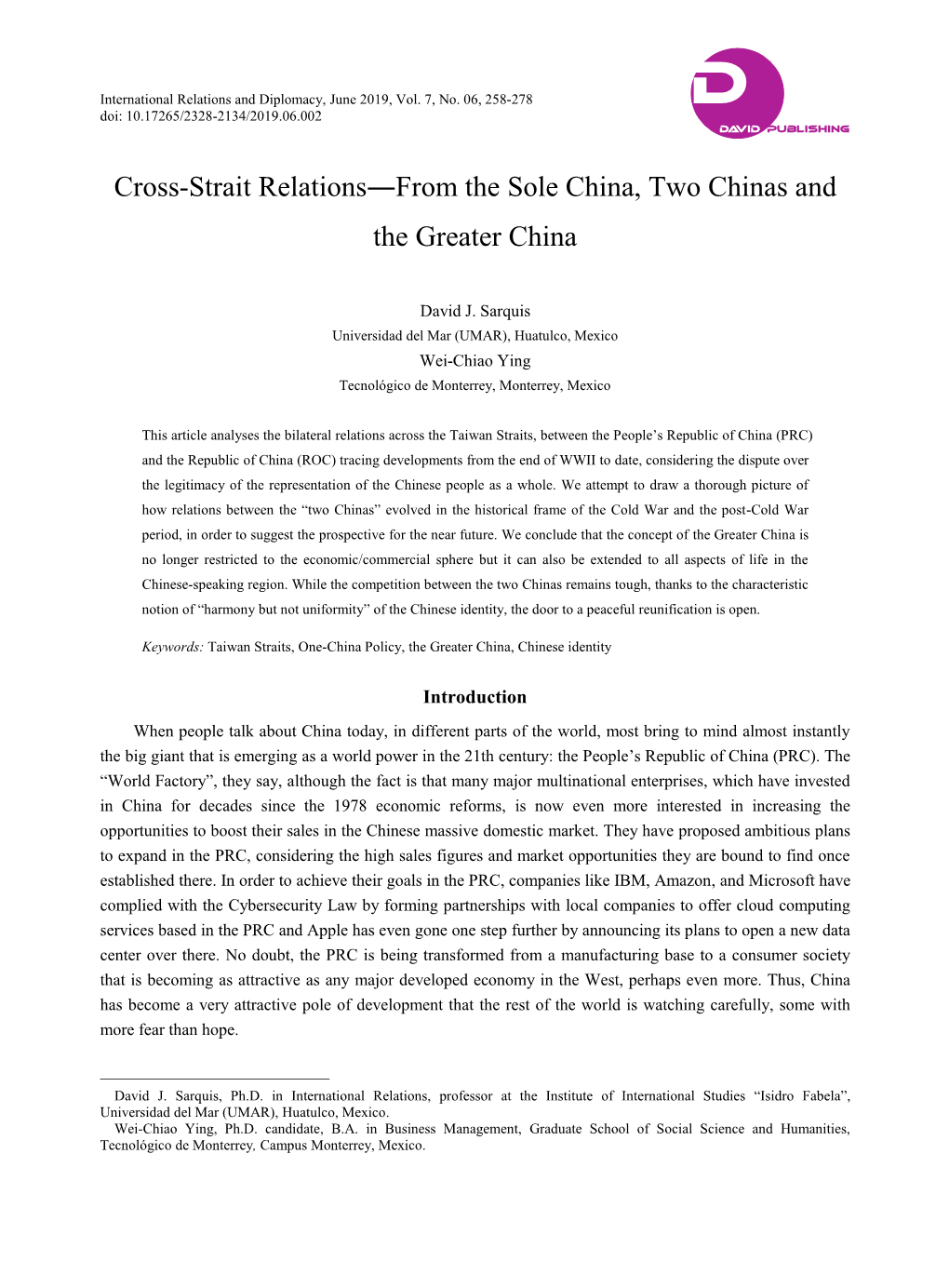 Cross-Strait Relations―From the Sole China, Two Chinas and the Greater China