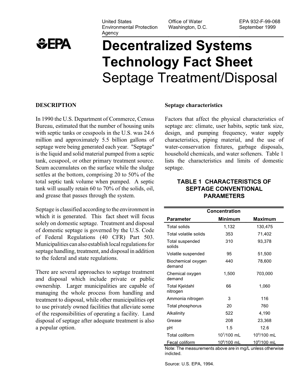 Decentralized Systems Technology Fact Sheet: Septage Treatment
