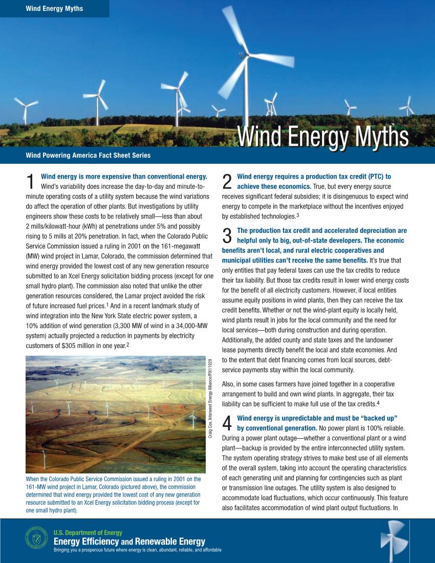 Wind Energy Myths. “Wind Powering America Fact Sheet”