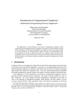 Introduction to Computational Complexity∗ — Mathematical Programming Glossary Supplement —
