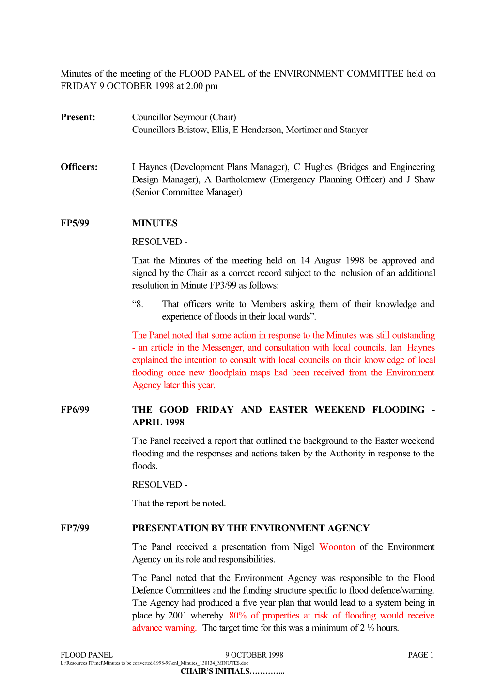 Minutes of the Meeting of the FLOOD PANEL of the ENVIRONMENT COMMITTEE Held on FRIDAY 9 OCTOBER 1998 at 2.00 Pm