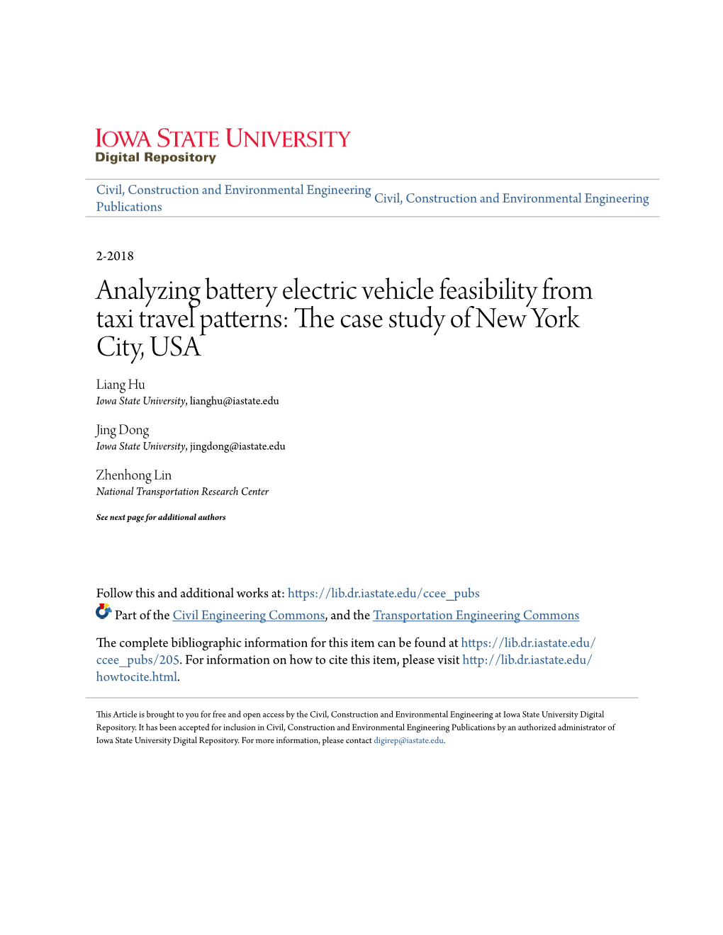 Analyzing Battery Electric Vehicle Feasibility from Taxi Travel Patterns: the Ac Se Study of New York City, USA Liang Hu Iowa State University, Lianghu@Iastate.Edu